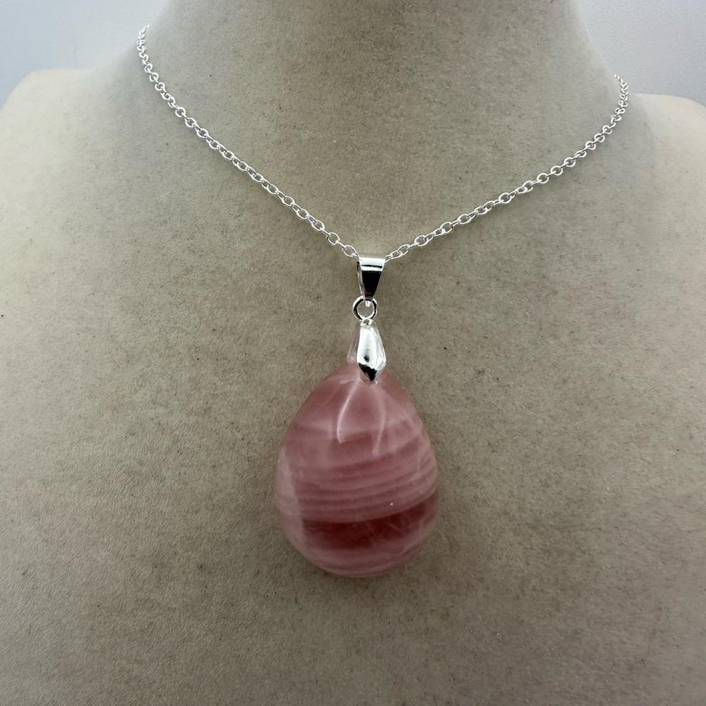 Madagascar Rose Quartz Teardrop Pendant Necklace on Silver Plated Box Chain
